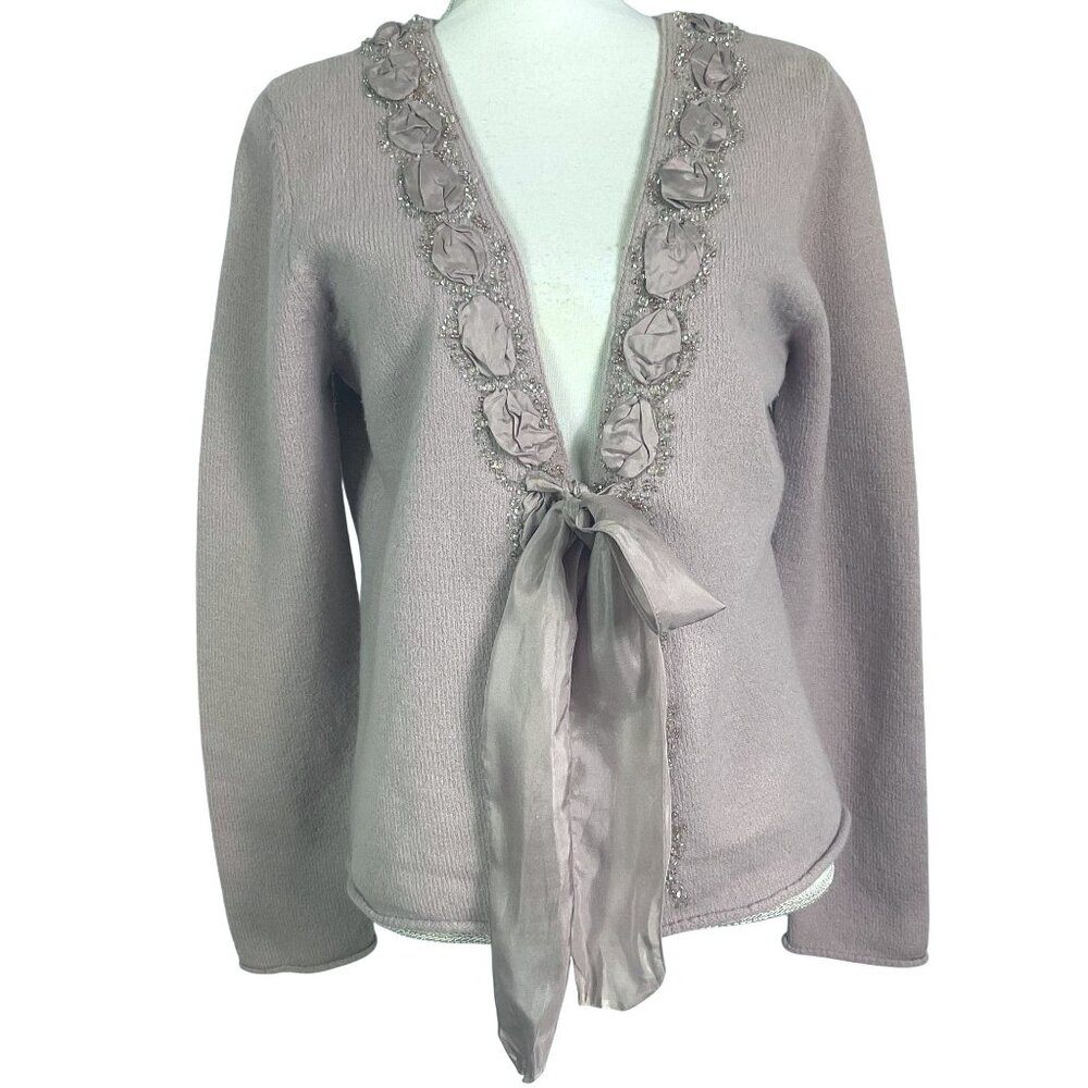 Anthropologie | Sleeping On Snow Cardigan Sweater Embellished, Satin tie closure